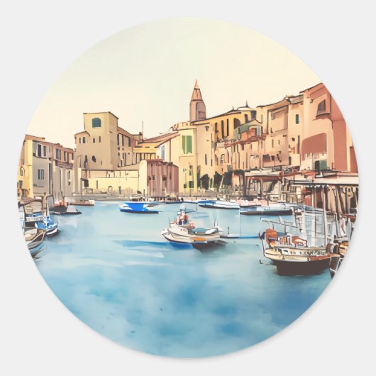 Waterfront en boten in de haven, Italiaans Ronde Sticker (Voorkant)