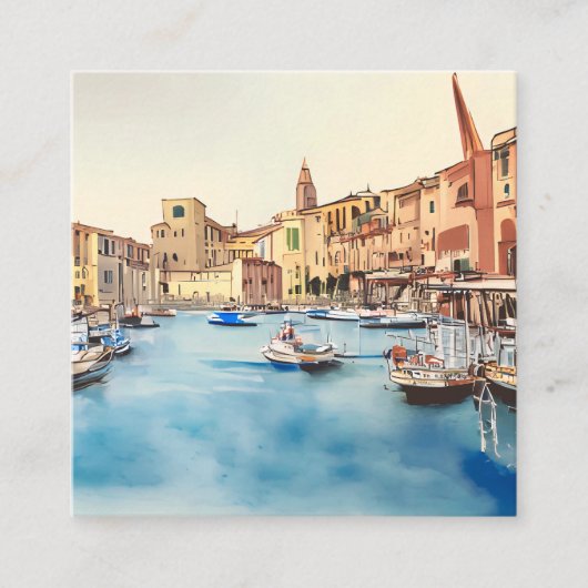Waterfront en boten in de haven, Italiaans Vierkante Visitekaartje (Voorkant)