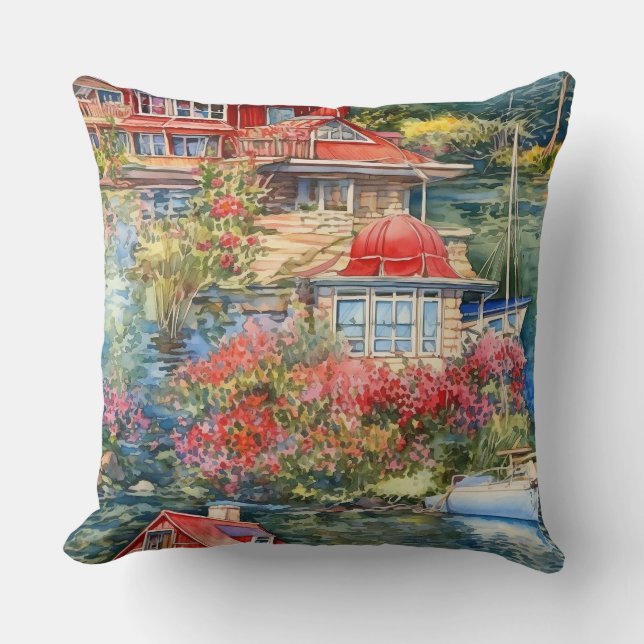 Waterfront Home met Sailboot Kussen (Voorkant)