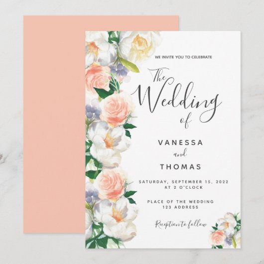 Watergekleurde floralen witte koraalscriptbruiloft kaart (Voorkant / Achterkant)