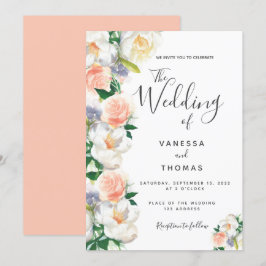 Watergekleurde floralen witte koraalscriptbruiloft kaart