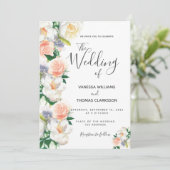 Watergekleurde floralen witte koraalscriptbruiloft kaart (Staand voorkant)