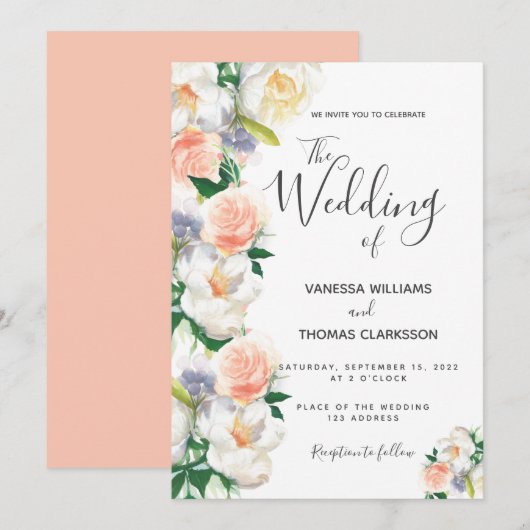 Watergekleurde floralen witte koraalscriptbruiloft kaart (Voorkant / Achterkant)