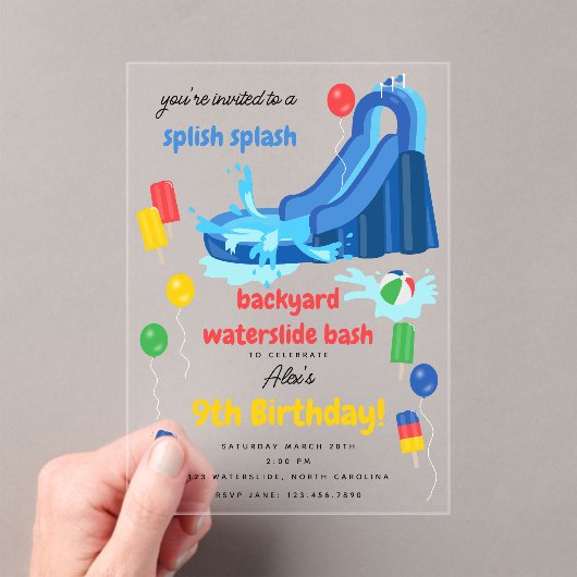 Waterglijbaan Kinder Zomer Splish Splash Verjaarda Acryl Uitnodigingen (Insitu (Draagbaar))