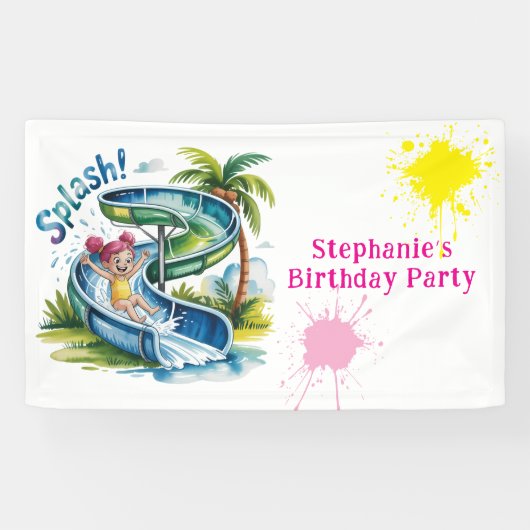 Waterglijbaan Splash Girl Verjaardagsfeestje Spandoek (Horizontaal)