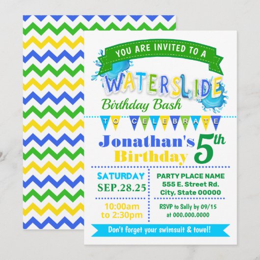 Waterglijbaan verjaardagsfeest blauw groen geel kaart (Voorkant / Achterkant)