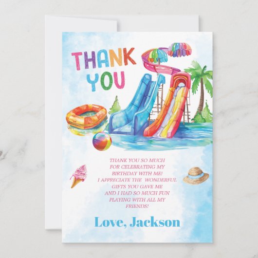 Waterglijbaan verjaardagsfeestje bedankkaart (Voorkant)