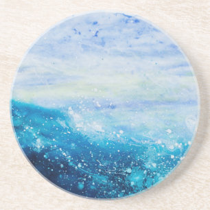 Watergolven oceaangolf blauw blauwgroen schilderij zandsteen onderzetter