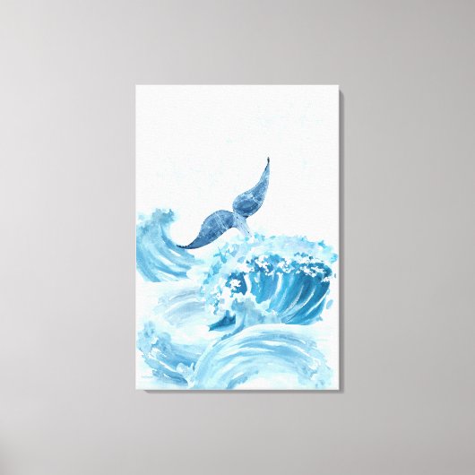 Watergolven spatten met blauwe walvisstaart canvas afdruk (Voorkant)