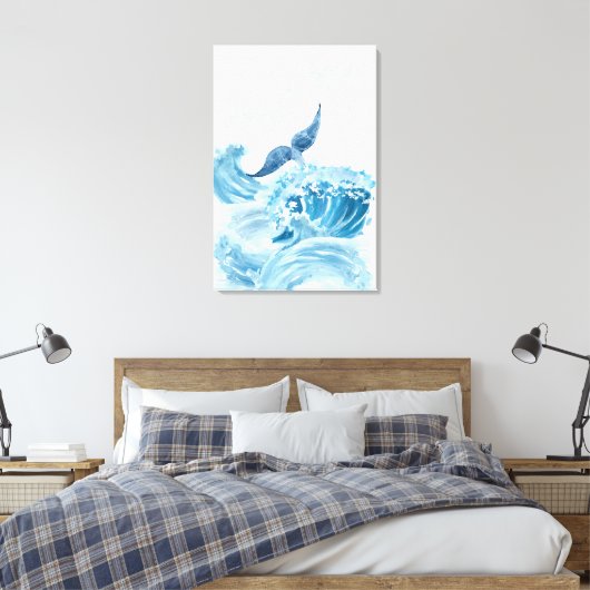 Watergolven spatten met blauwe walvisstaart canvas afdruk (Insitu (Slaapkamer))