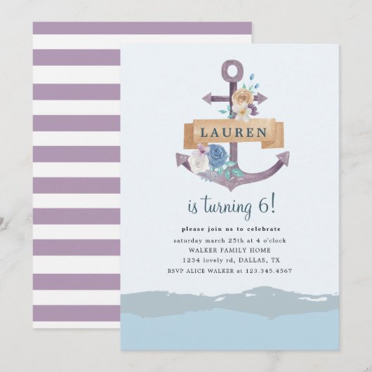 waterige florale anker Birthday Uitnodiging (Voorkant / Achterkant)
