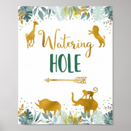 Watering Hole Greenery Gold Safari Birthday Sign Poster