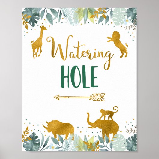 Watering Hole Greenery Gold Safari Birthday Sign Poster (Voorkant)