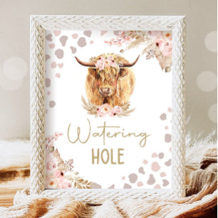 Watering Hole Highlander Koe Boho Boerderij verjaa Poster