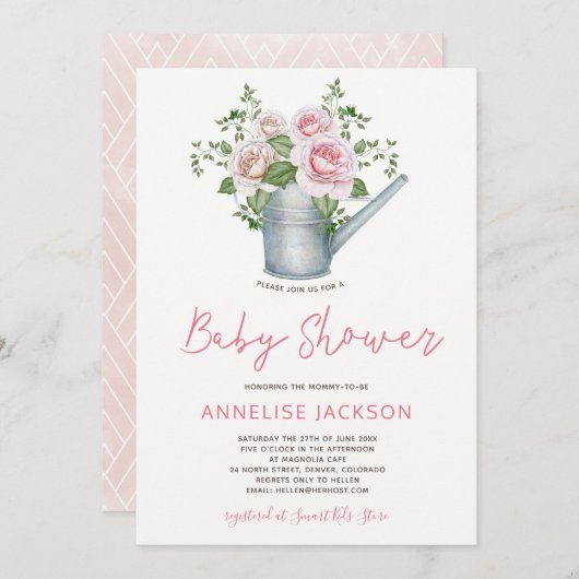 Watering kan blozen roze rozen baby meisje douche kaart (Voorkant / Achterkant)