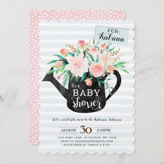 Watering Kan Floral Baby shower uitnodigen Kaart (Voorkant / Achterkant)