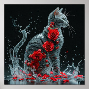🌹 Waterkat Omringd Door Rode Rozen Fantasie Roman Poster