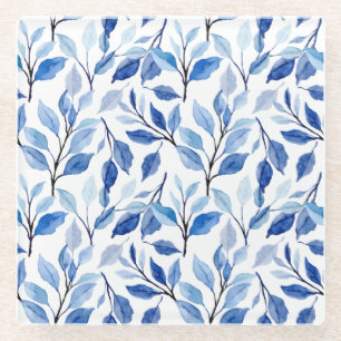 Waterkleur Bladgolven Mozaïek Kunst in Blauw en Tu Glazen Onderzetter