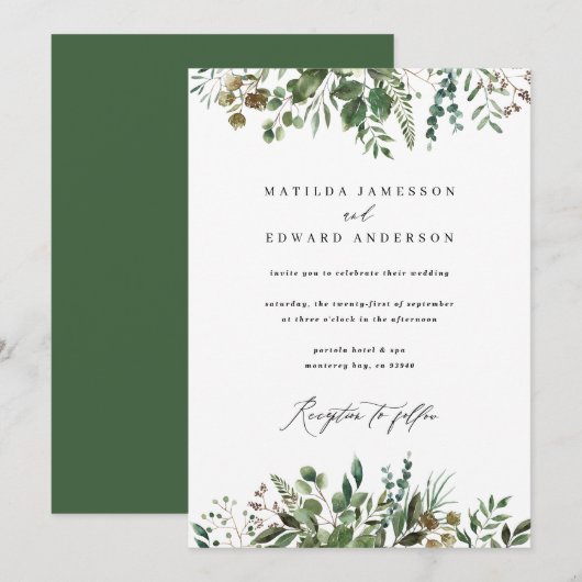 Waterkleur bladgroen botanisch bruiloft aankondiging (Voorkant / Achterkant)