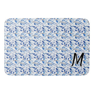 Waterkleur Blauw Blad Mozaïek Fijne Kunst Monogram Badmat