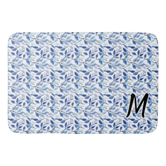 Waterkleur Blauw Blad Mozaïek Fijne Kunst Monogram Badmat (Voorkant)