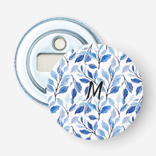 Waterkleur Blauw Blad Mozaïek Fijne Kunst Monogram Button Flesopener