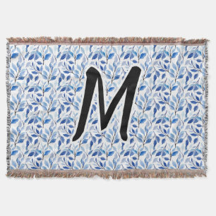 Waterkleur Blauw Blad Mozaïek Fijne Kunst Monogram Deken