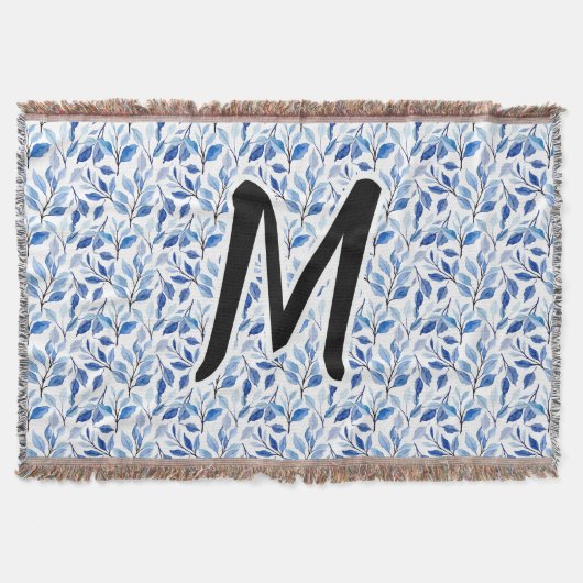 Waterkleur Blauw Blad Mozaïek Fijne Kunst Monogram Deken (Voorkant)