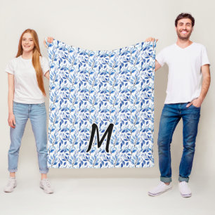 Waterkleur Blauw Blad Mozaïek Fijne Kunst Monogram Fleece Deken