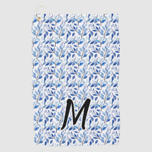 Waterkleur Blauw Blad Mozaïek Fijne Kunst Monogram Golfhanddoek