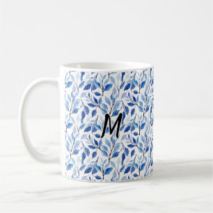Waterkleur Blauw Blad Mozaïek Fijne Kunst Monogram Koffiemok