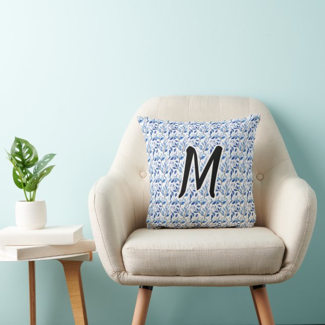 Waterkleur Blauw Blad Mozaïek Fijne Kunst Monogram Kussen (Stoel)