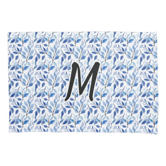 Waterkleur Blauw Blad Mozaïek Fijne Kunst Monogram Kussensloop (Voorkant)
