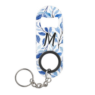 Waterkleur Blauw Blad Mozaïek Fijne Kunst Monogram Mini Flessenopener