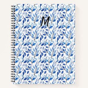 Waterkleur Blauw Blad Mozaïek Fijne Kunst Monogram Notitieboek