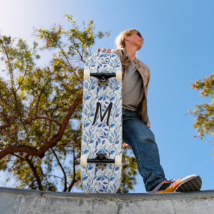 Waterkleur Blauw Blad Mozaïek Fijne Kunst Monogram Persoonlijk Skateboard