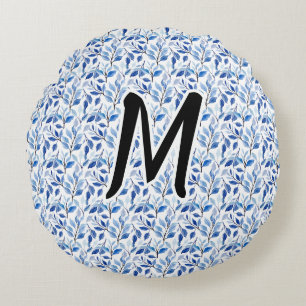 Waterkleur Blauw Blad Mozaïek Fijne Kunst Monogram Rond Kussen