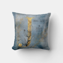 Waterkleur blauw grijs goud J monogram werp kussen