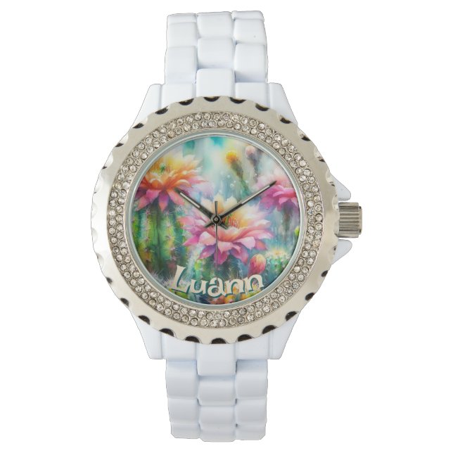Waterkleur Bloeiende Succulente Cactussen Geperson Horloge (Voorkant)