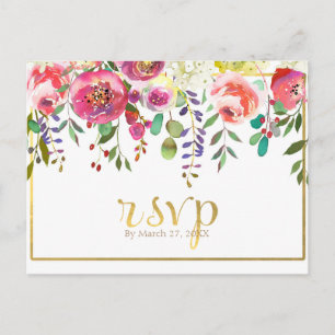 Waterkleur Bloem Bloemen Modern Goud Trouwen RSVP Uitnodiging Briefkaart