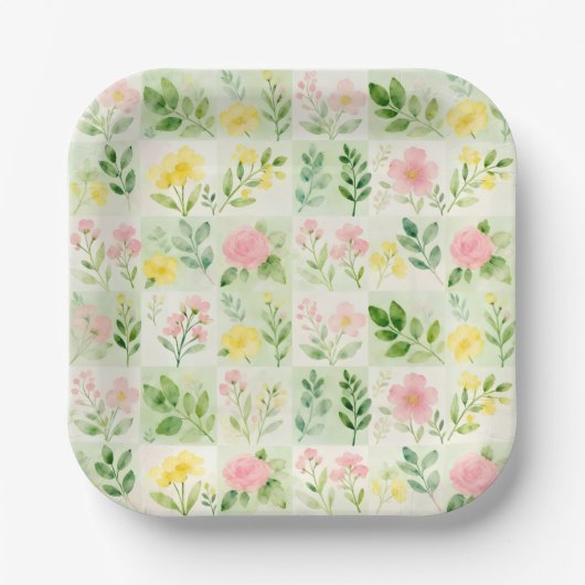Waterkleur Bloem Grid Patroon Papieren Bordje (Voorkant)