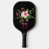 Waterkleur bloem, naam & monogram op zwart pickleball paddle (Achterkant)