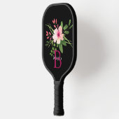 Waterkleur bloem, naam & monogram op zwart pickleball paddle (Links)