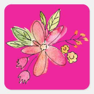 Waterkleur bloem op neon roze vierkante sticker