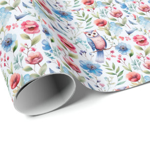 Waterkleur Bloem Uil Naadloos Patroon Cadeaupapier