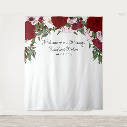 Waterkleur Bloemboog Burgundy Blush Groenelementen Wandkleed (Voorkant)