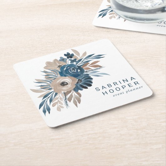 Waterkleur Bloemen Event Planner Indigo Beige Sepi Kartonnen Onderzetters (Schuin)