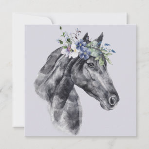 Waterkleur Bloemen Kroon Zwarte Paard Portret Plat