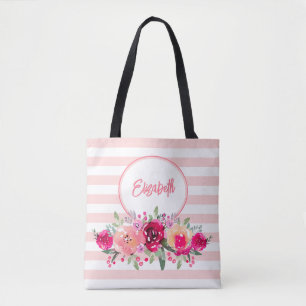 Waterkleur Bloemen op Roze Strepen Monogram Tote T Bag