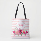 Waterkleur Bloemen op Roze Strepen Monogram Tote T Tote Bag (Voorkant)